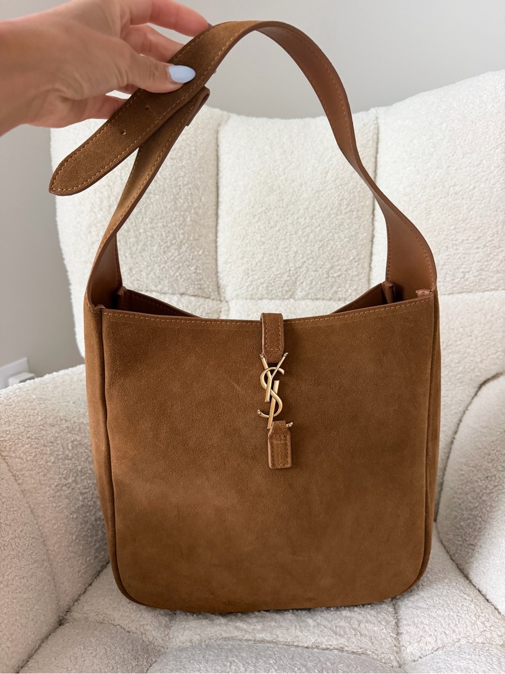 Fashion Tan Suede Shoulder Bag with Gold Logo